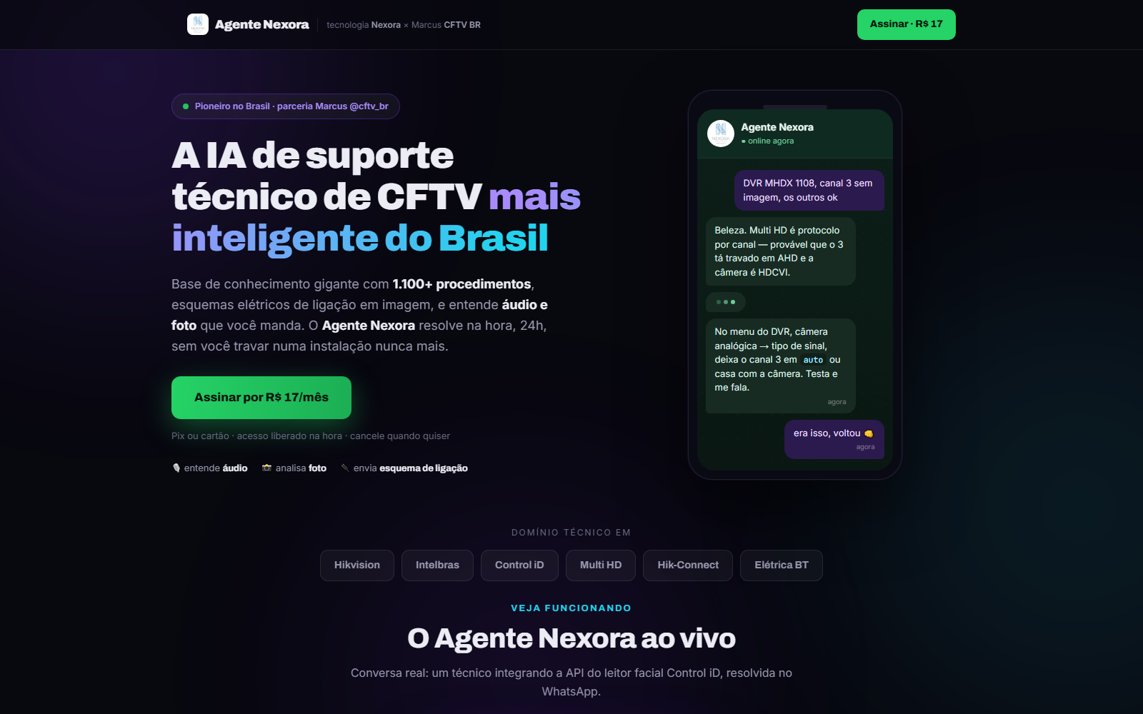 Landing do Agente Nexora com mockup de conversa no WhatsApp e chamada de assinatura
