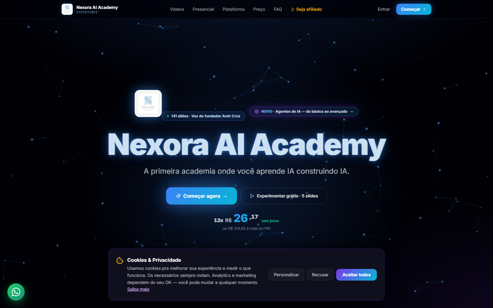 Landing da Nexora AI Academy com hero neon e chamada Começar agora