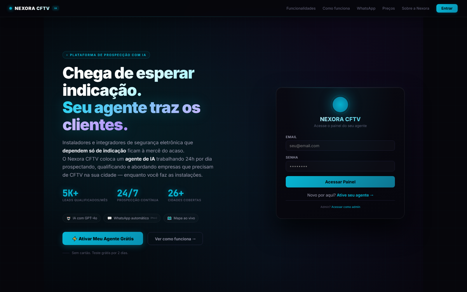 Nexora CFTV, SaaS de prospecção com IA para integradoras de segurança eletrônica