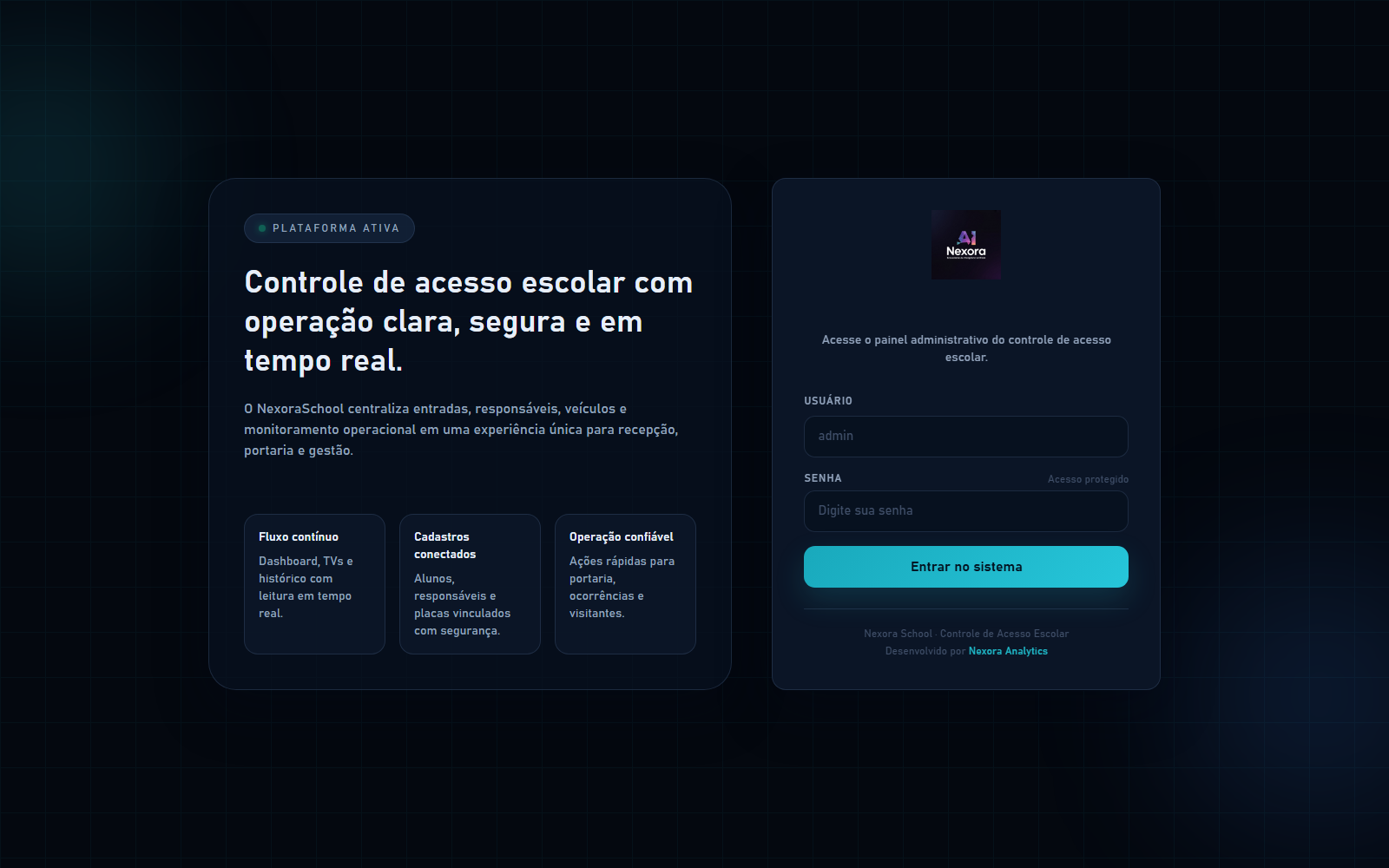 Tela de acesso do Nexora School, sistema de controle de acesso escolar em operação